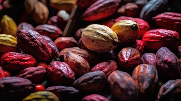 Frutos de cacau coloridos recém-colhidos na Costa do Cacau