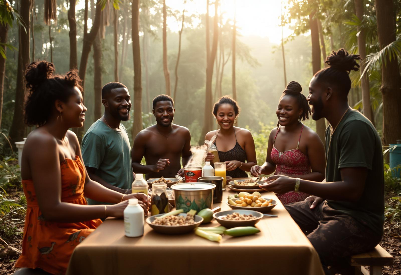 Viajantes em vivência cultural e gastronômica na floresta
