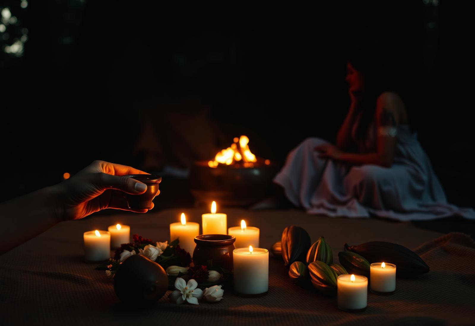 Cerimônia do Cacau do Amor: cacau cerimonial, velas e flores na Mata Atlântica